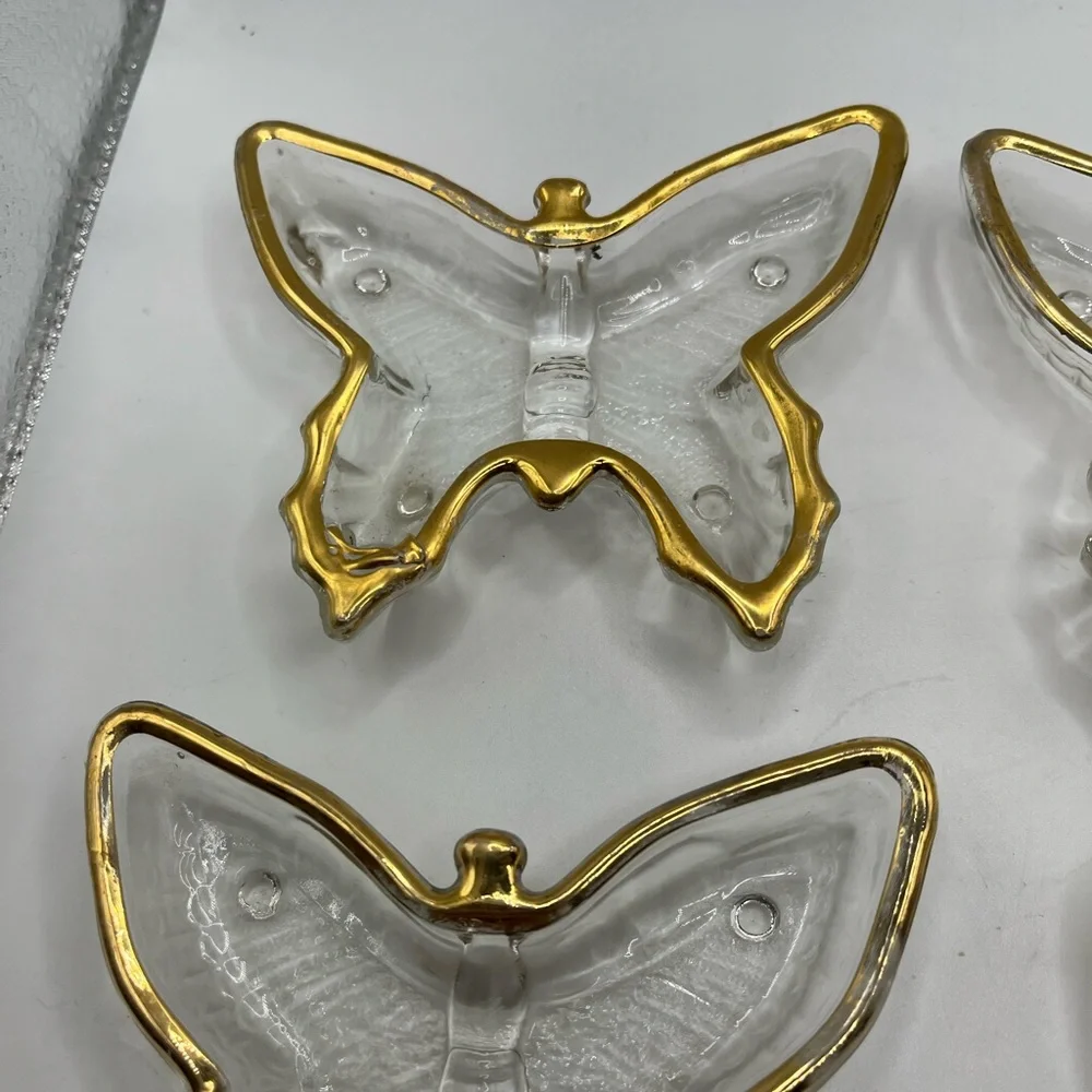 Small Butterfly Clear Glass Jewelry-Keys-Decor or Candy Dish Gold Trim. 4 total